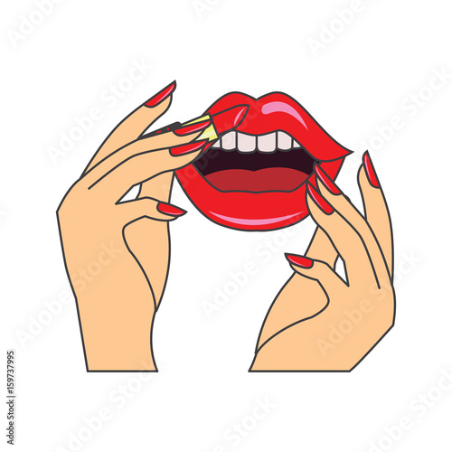 red  lips and manicure nails . makeup and cosmetics, vector illustration