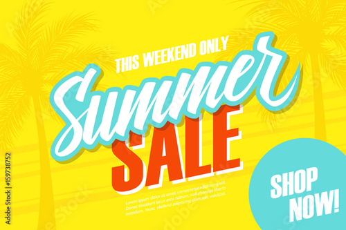 Summer Sale. This weekend special offer banner with palm trees. Shop now. Vector illustration.