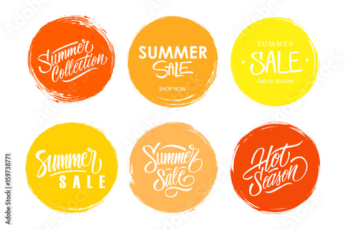 Summer Sale hand drawn lettering collection. Set of special offer signs with handwritten text design and circle brush stroke backgrounds for business, commerce and advertising. Vector illustration.