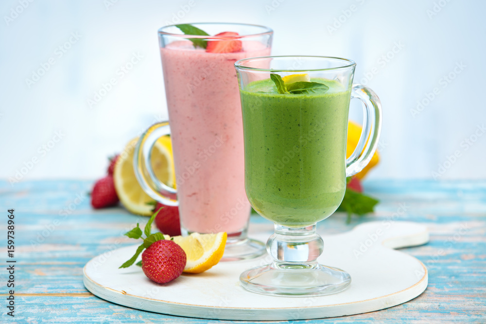 Different milkshakes on the table. Different milkshakes on the table.