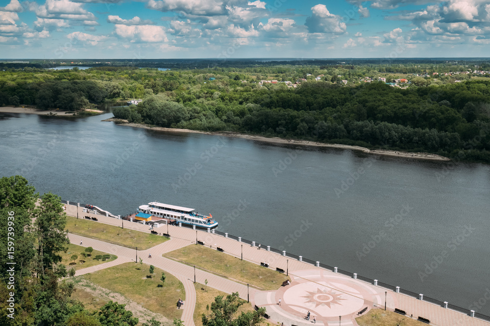 Gomel, Belarus. Top Aerial View Of Promenade Near Sozh River, Tourist Boat Gomel, Belarus. Top Aerial View Of Promenade Near Sozh River, Tourist Boat