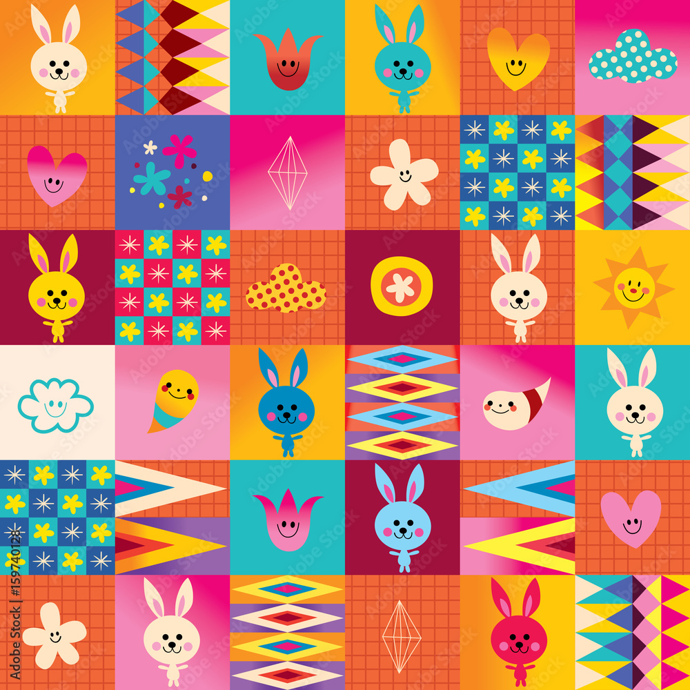 cute bunny characters seamless pattern