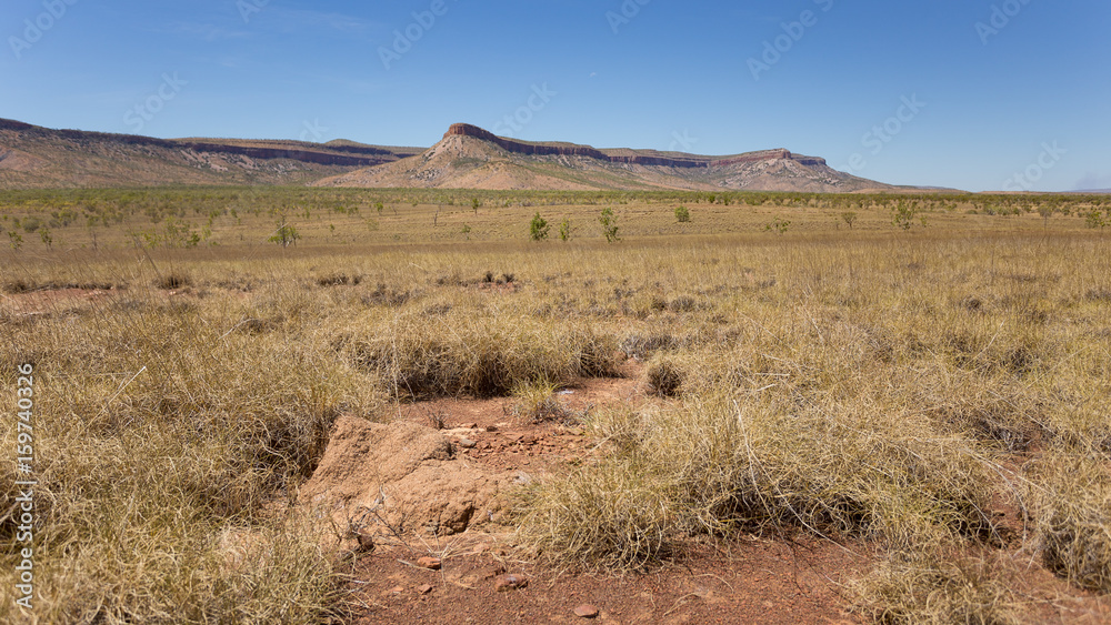 The Ramparts of the Cockburn Range stand high and proud above the ancient Kimberley landscape, concealing hidden waterfalls that plunge from the high plateau in hidden valleys.