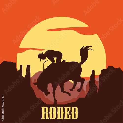 rodeo poster with cowboy silhouette riding on wild horse and bull. vector illustration