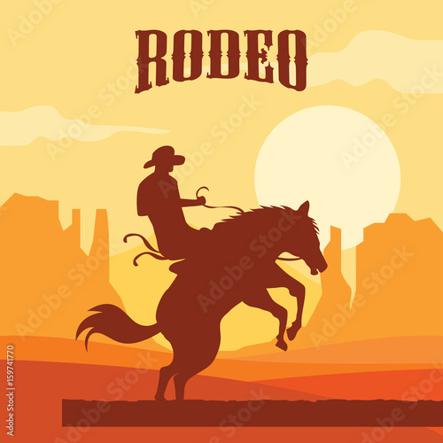 rodeo poster with cowboy silhouette riding on wild horse and bull. vector illustration © sultan