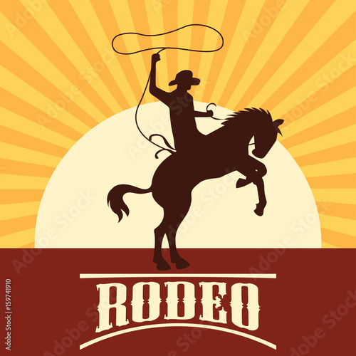 rodeo poster with cowboy silhouette riding on wild horse and bull. vector illustration