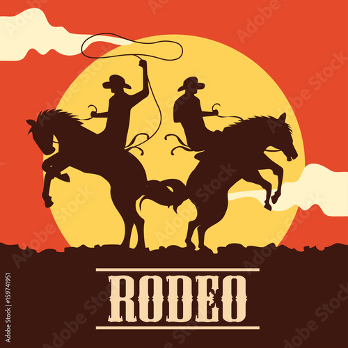 rodeo poster with cowboy silhouette riding on wild horse and bull. vector illustration