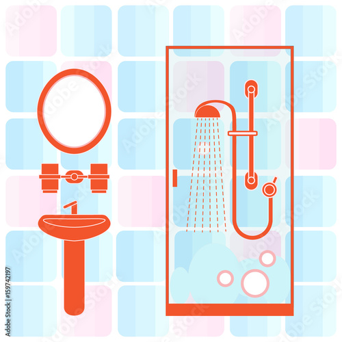Cute vector illustration of bathroom interior design: shower cabin, washbasin, mirror and other.