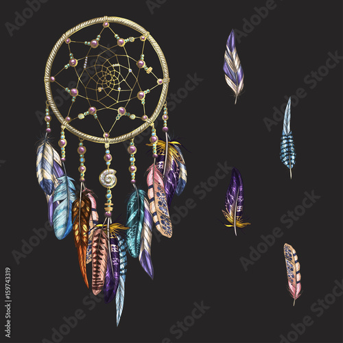 Luxury ornate Dreamcatcher with feathers and gemstones isolated on a black background. Astrology, spirituality, magic symbol. Ethnic tribal element. Vector illustration