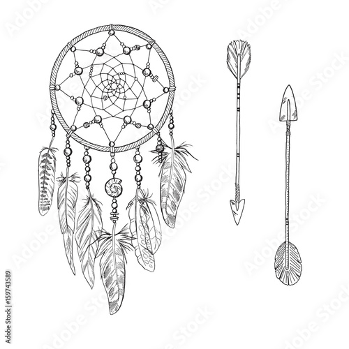 Hand drawn ornate white Dreamcatchers with feathers, gemstones and arrows isolated on a white background. Astrology, spirituality, magic symbol. Ethnic tribal element. Vector illustration