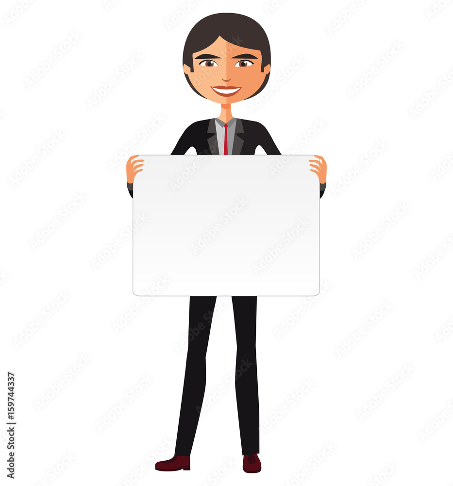 Business asian man holding white blank poster vector illustration.
