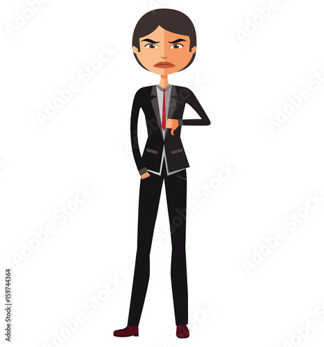 Businessman asian thumbs down. Angry unhappy businessman character vector flat cartoon illustration
