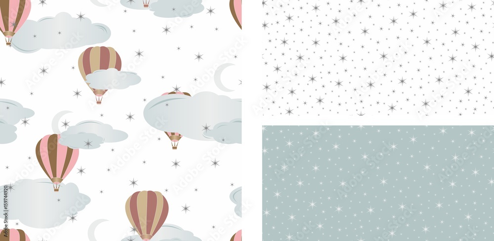 Seamless pattern with air balloons. Vector illustration. Set - obrazy, fototapety, plakaty 