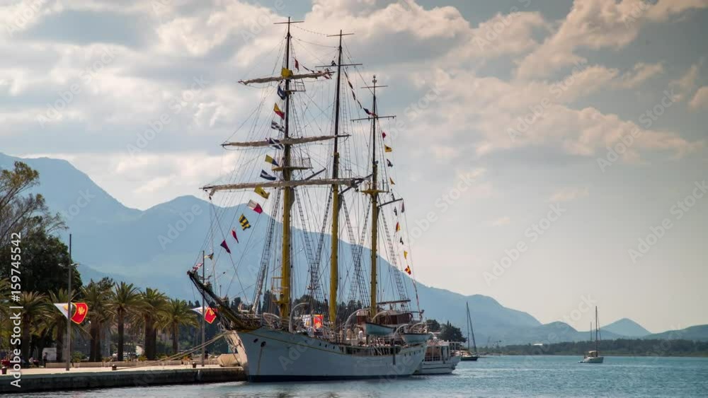 timelapse of a huge sailing ship in the porto montenegro marina in Tivat, montenegro