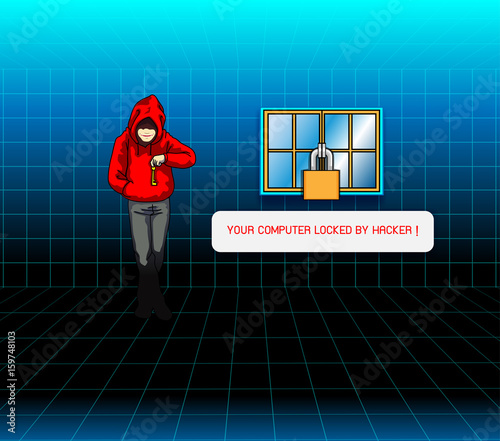 Your Computer and personal data , locked by hacker, security at risk. vector illustration