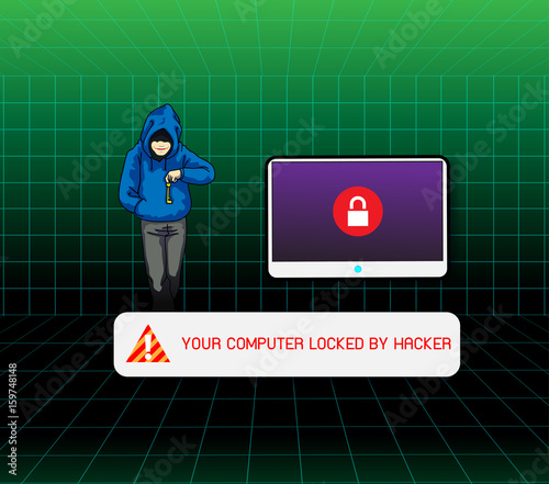 Your Computer and personal data , locked by hacker, security at risk. vector illustration
