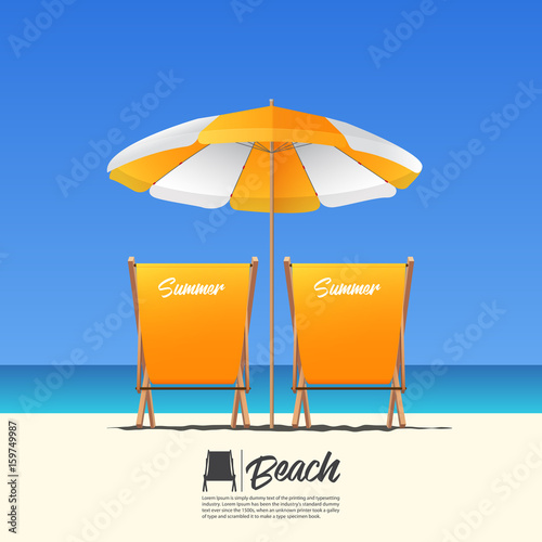 Two orange summer beach chair in back view and orange beach umbrella. Blue gradient sky background . Vector Illustration.