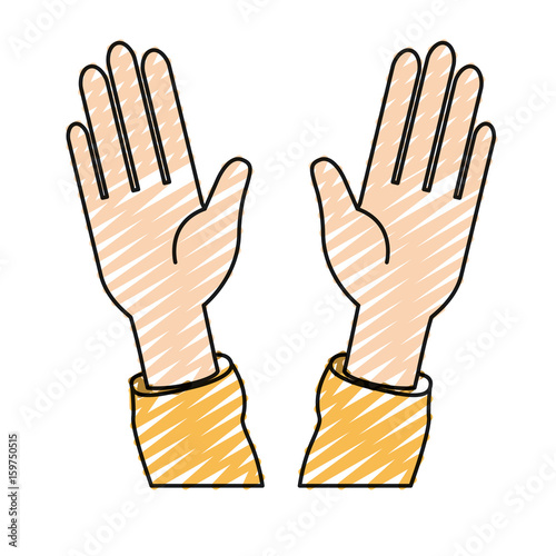 color crayon silhouette front view palm of hands in symbol greeting vector illustration