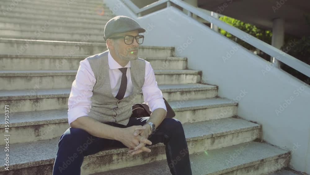 Mature businessman in the city sitting on concrete stairs, resting. Mature businessman in the city sitting on concrete stairs, resting.