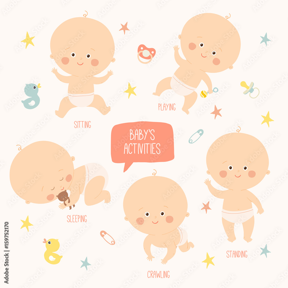 Set with cute baby girls. Growth from newborn to toddler. Various poses.First year. activities. Crawling, sitting, standing, playing, sleeping. Vector Illustration isolated on white background. Set with cute baby girls. Growth from newborn to toddler. Various poses.First year. activities. Crawling, sitting, standing, playing, sleeping. Vector Illustration isolated on white background.