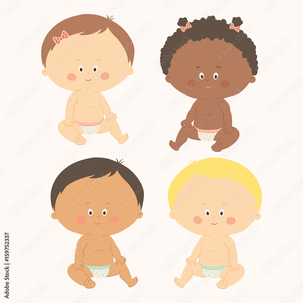 Multi-ethnic set of four babies sitting. Toddler girls and boys. Cartoon vector hand drawn eps 10 illustration isolated on white background