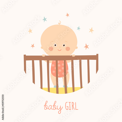 Cute Baby 1 year old standing in Crib. Baby shower design element.