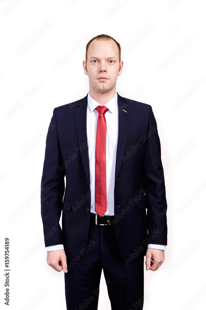 Respectable senior businessman, wearing black suit, white shirt and red tie  standing on white background Stock Photo | Adobe Stock