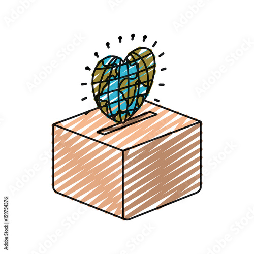 color crayon silhouette flat globe earth world in heart shape depositing in a carton box vector illustration