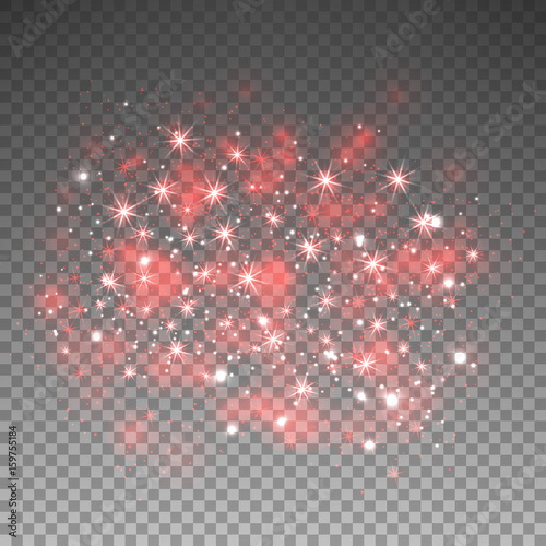 Red glitter sparkles on transparent background. Vector dust texture. Twinkling confetti, shimmering star lights. Vector illustration.