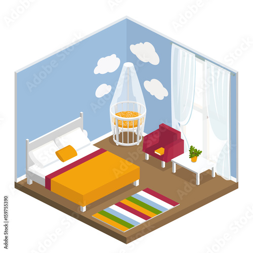 living room with blue walls and a large window in isometric view. Interior bedroom with large double bed cot chair table flower pot,carpet.vector illustration of isolated layers on a white background