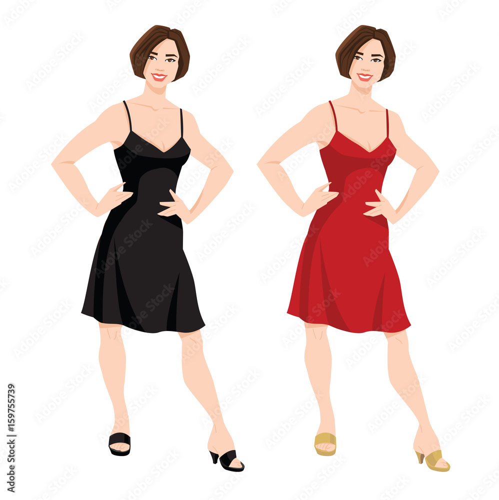 Vector illustration of young women in red and black dress on white background Vector illustration of young women in red and black dress on white background
