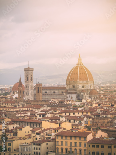 Duomo Santa Maria Del Fiore and Bargello in the morning from Piazzale Michelangelo in Florence  Tuscany  Italy. Cathedral Santa Maria del Fiore.