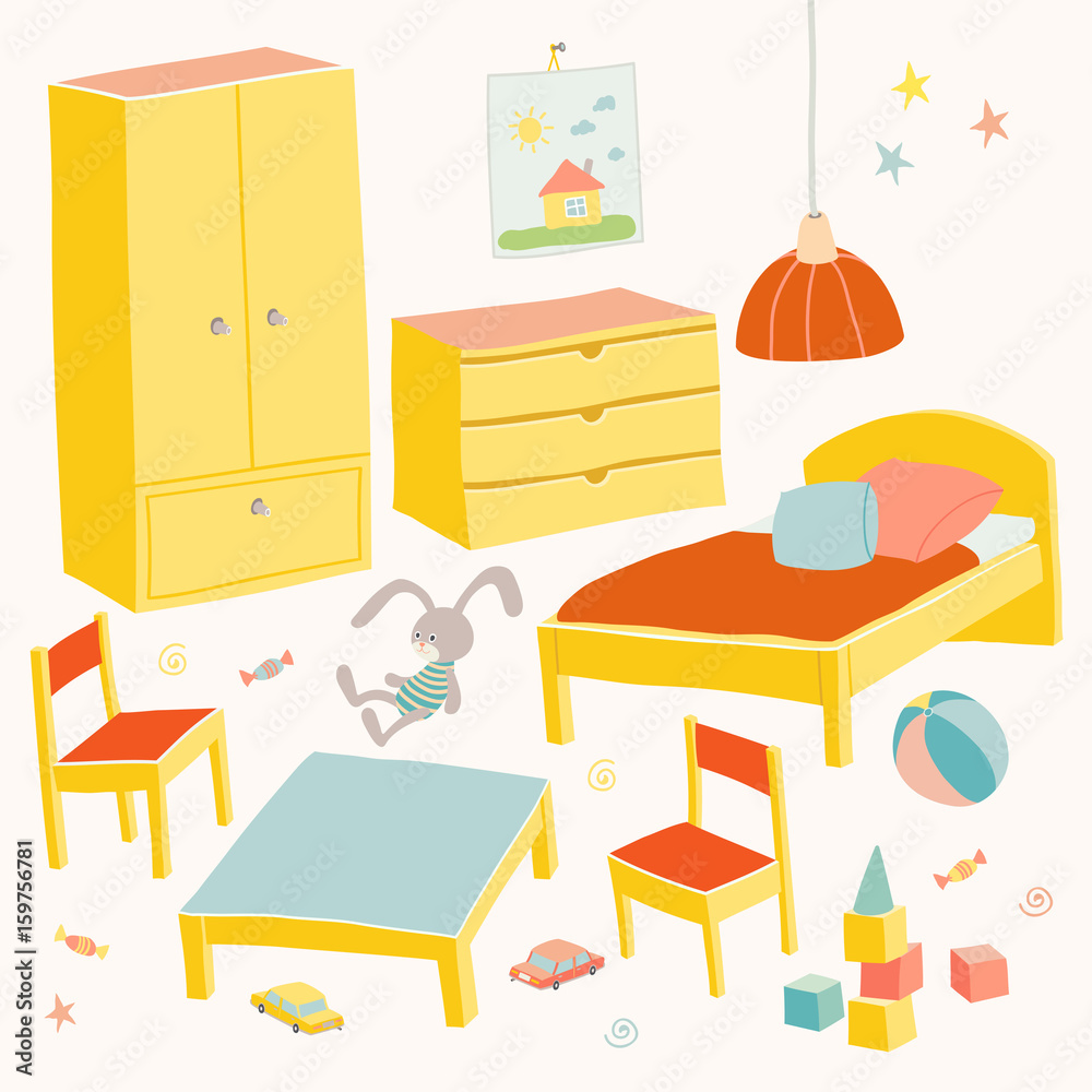 Obraz premium Set of furniture for children room. Kids small furniture. Bed, table with children's chairs, wardrobe and chest. Hand drawn cartoon illustration on white background. Baby shower design elements.