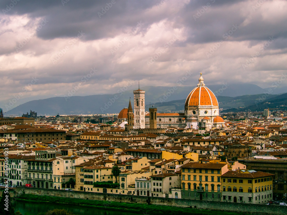 Duomo Santa Maria Del Fiore and Bargello in the morning from Piazzale Michelangelo in Florence, Tuscany, Italy. Cathedral Santa Maria del Fiore.