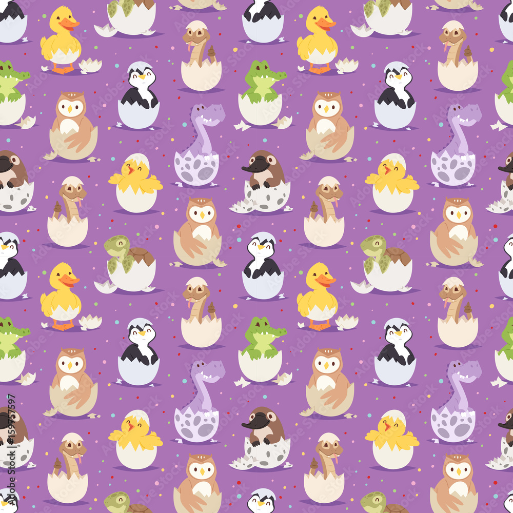 Cute new born animals in eggs easter seamless pattern background