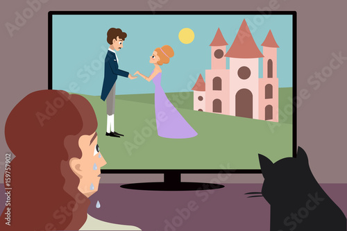 crying woman watching romantic movie cartoon