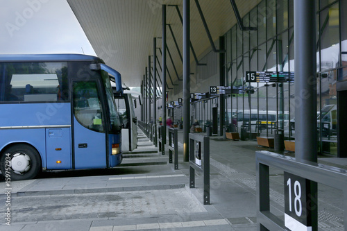 Bus station platform. Tourist buses arrival in bus terminal.