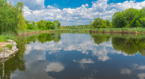 Fototapeta Naklejka Na Ścianę i Meble -  Ukrainian landscape with small river Sura near Dnipro city at spring season