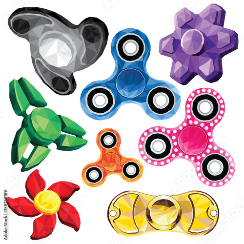 Hand spinner set  on white background. Fidget colorful polygonal illustration of toys for increased focus, stress relief, improvement of attention span.