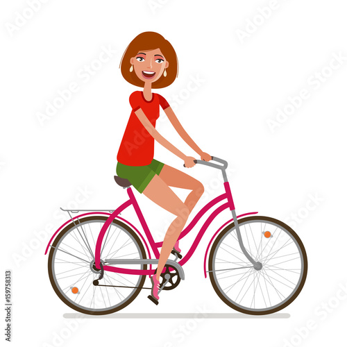 Young beautiful girl riding bicycle. Sport, fitness, active lifestyle symbol. Cartoon vector illustration