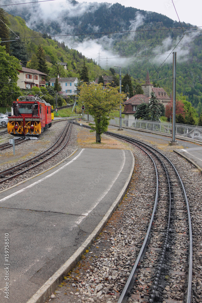 At station of gear railroad. Glion, Montreux, Switzerland