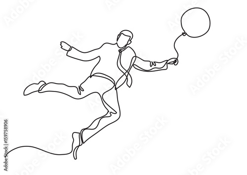businessman flying with balloon - single line drawing