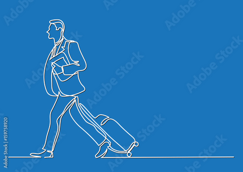businessman walking with luggage - single line drawing
