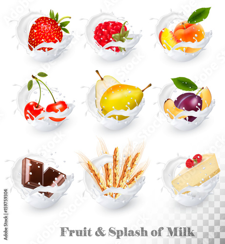 Big collection of fruit in a milk splash. Strawberry, raspberry, plum, pear, peach, cherry, chocolate, cheesecake,  wheat ears. Vector Set 16.