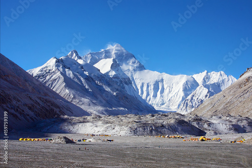 Mount Everest summit and base camp from Tibetan side in China