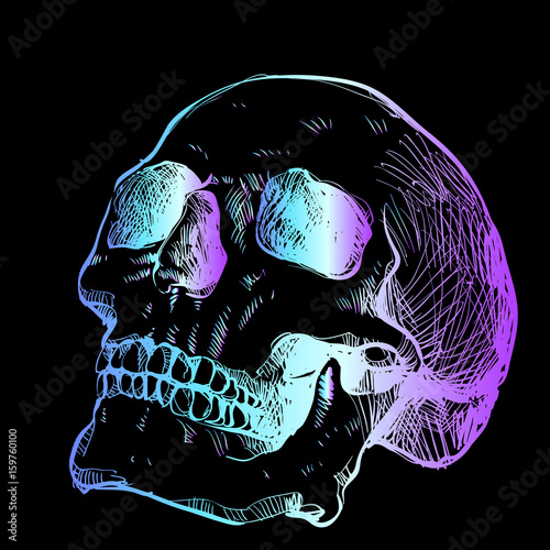 
Bright neon sketch of a skull - a trendy idea for a tattoo. Turquoise violet tone