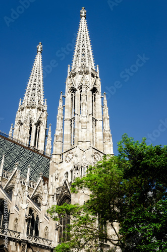 Bell towers and spires of the famous neo gothic Votivkirche (Votive Church) in Vienna