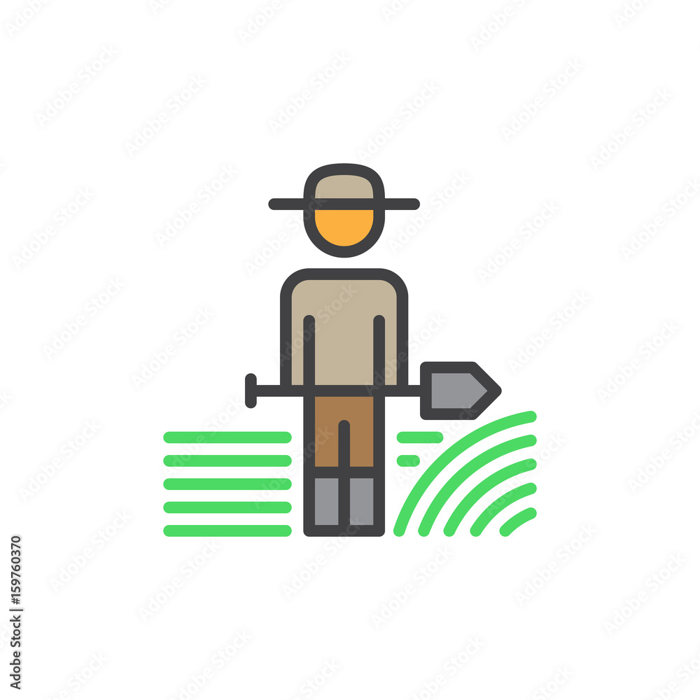 Farmer man with shovel filled outline icon, line vector sign, linear colorful pictogram. Symbol, logo illustration