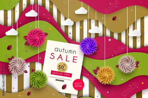 Autumn Sale. 3D stylized multicolored flowers with leaves on striped background. Abstract floral origami pattern. Paper art. Vector illustration