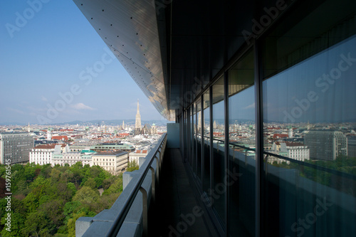 VIENNA, AUSTRIA - APR 29th, 2017: Beautiful view of famous St. Stephen's Cathedral Wiener Stephansdom at Stephansplatz in the early morning from a near by Hotel, aerial view